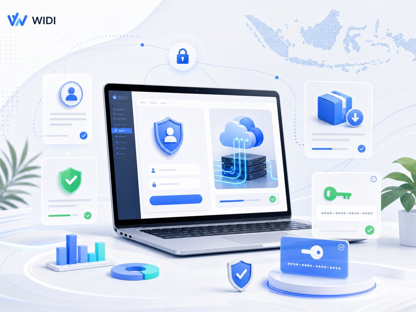 Ilustrasi lisensi, keamanan, server, dan download WIDI